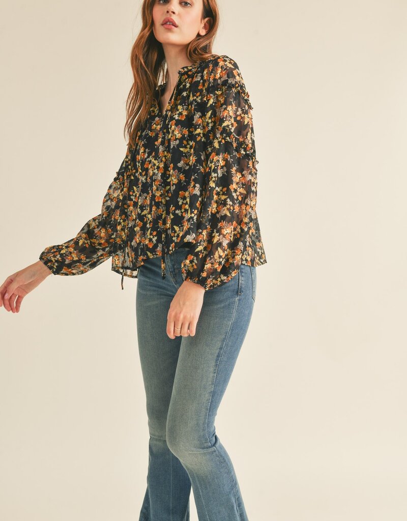 509 Broadway Keyhole Ruffle Neck Floral Top