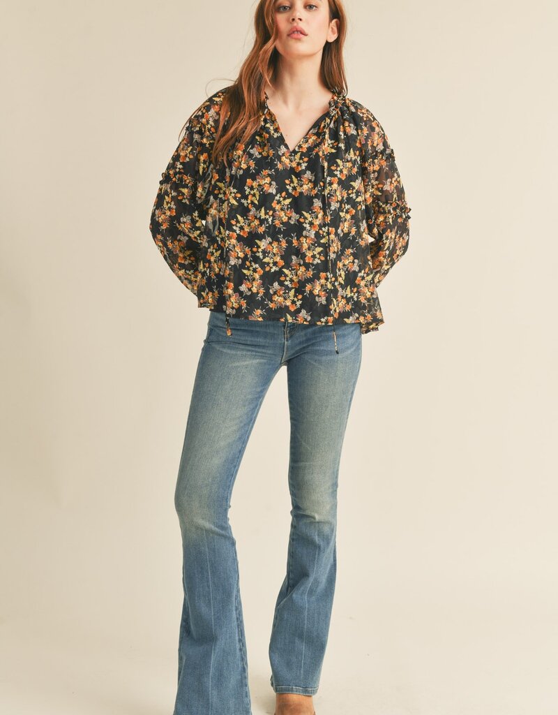 509 Broadway Keyhole Ruffle Neck Floral Top