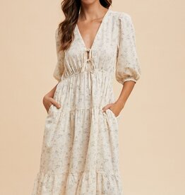 509 Broadway Flower Puff Sleeve Midi Dress