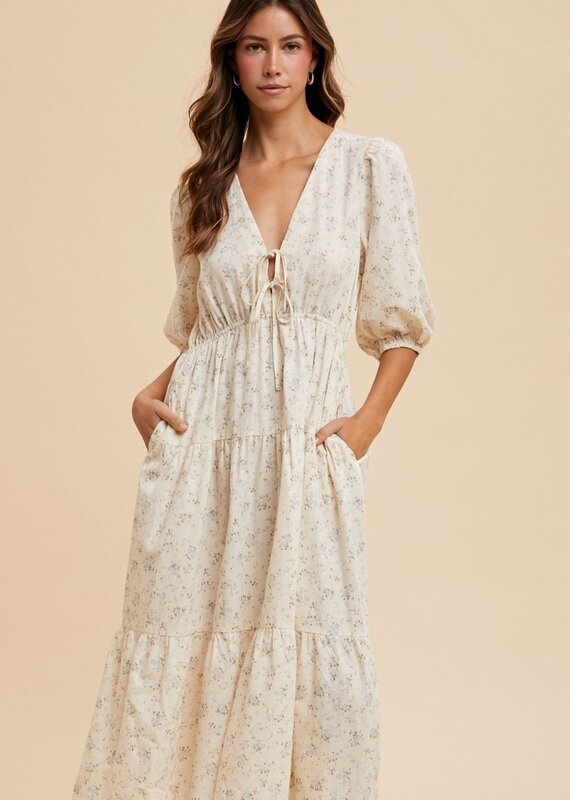 509 Broadway Flower Puff Sleeve Midi Dress
