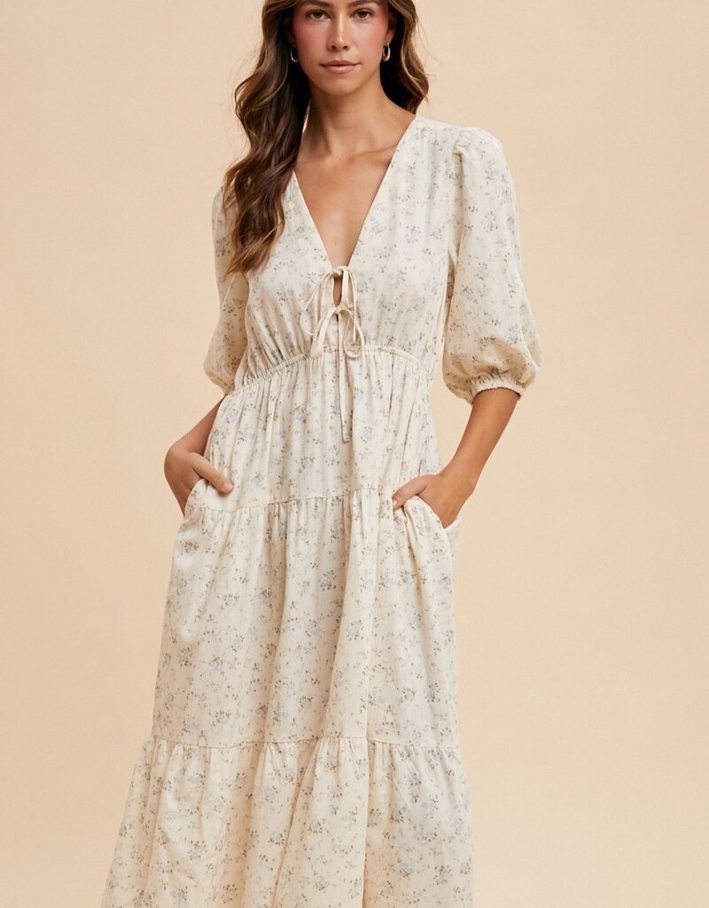 509 Broadway Flower Puff Sleeve Midi Dress