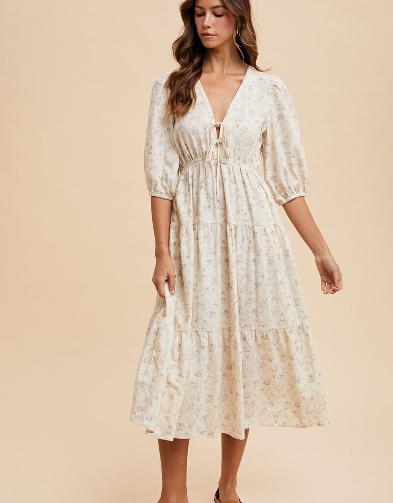 509 Broadway Flower Puff Sleeve Midi Dress