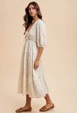 509 Broadway Flower Puff Sleeve Midi Dress