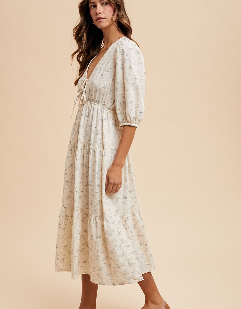 509 Broadway Flower Puff Sleeve Midi Dress