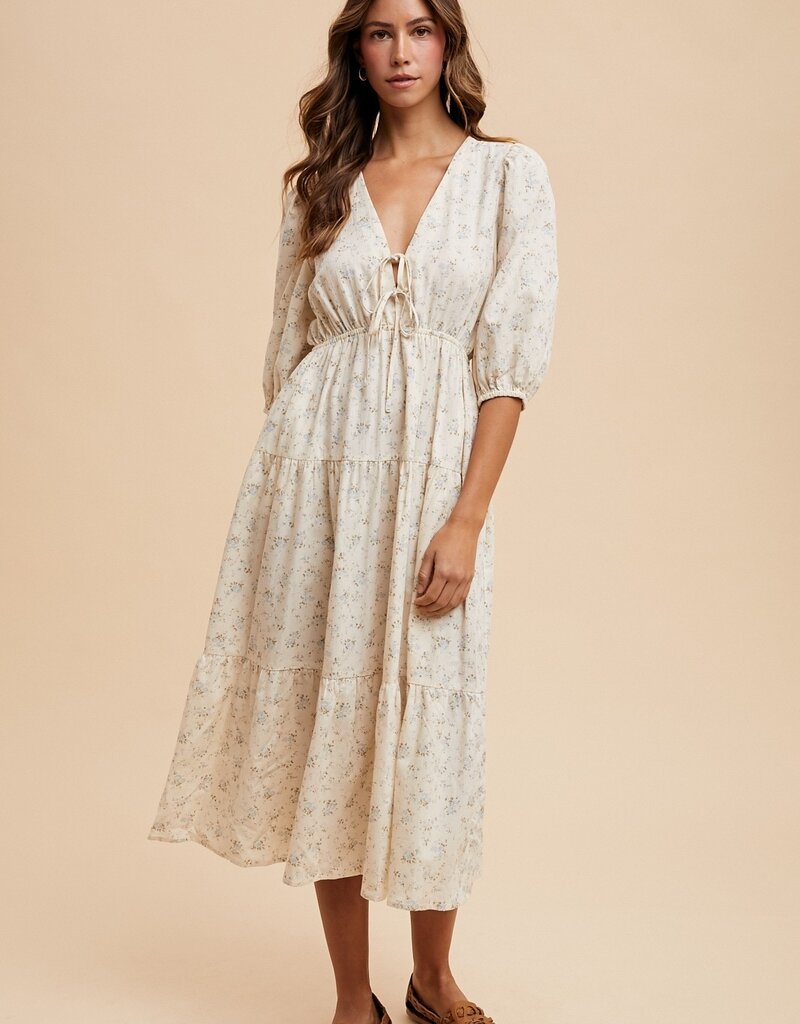 509 Broadway Flower Puff Sleeve Midi Dress