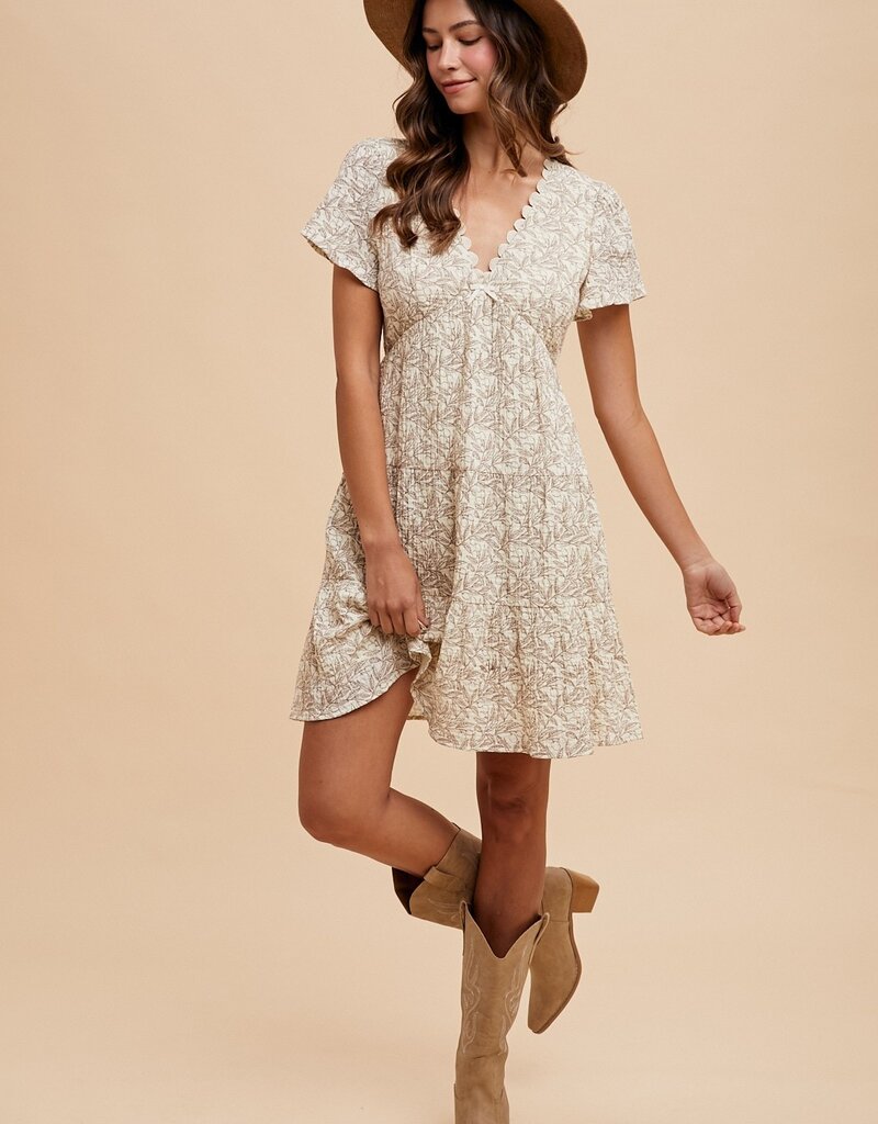 509 Broadway Scallop Trim Leaf Print Dress