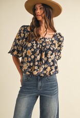 509 Broadway Flower Print Ballon Hem Square Neck Top