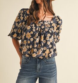 509 Broadway Flower Print Ballon Hem Square Neck Top