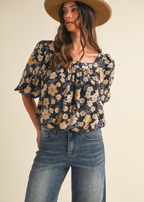 Anniewear Flower Print Ballon Hem Square Neck Top