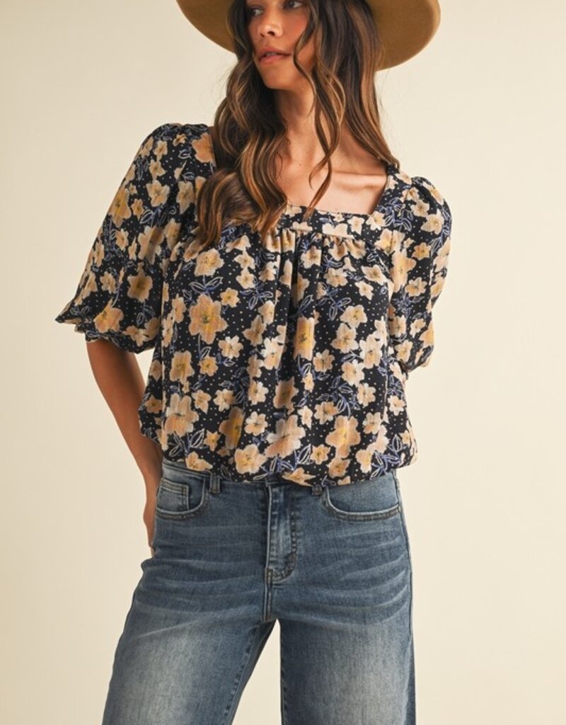 509 Broadway Flower Print Ballon Hem Square Neck Top