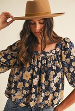 509 Broadway Flower Print Ballon Hem Square Neck Top