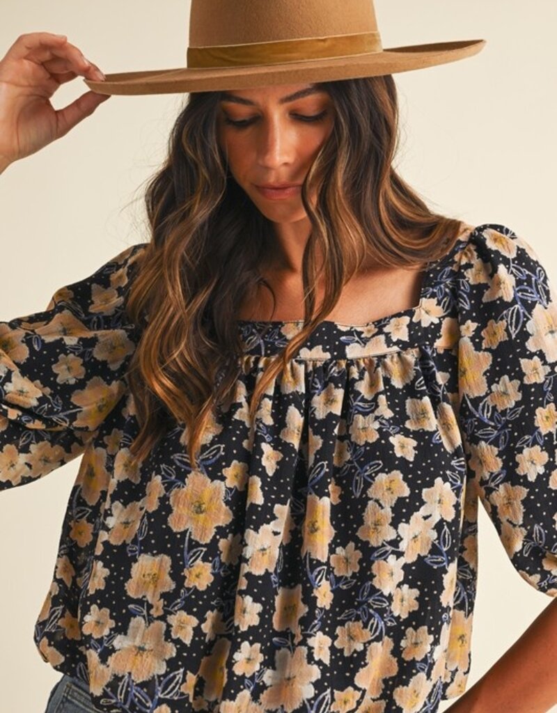 509 Broadway Flower Print Ballon Hem Square Neck Top