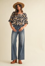 Anniewear Flower Print Ballon Hem Square Neck Top