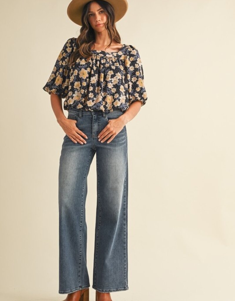 Anniewear Flower Print Ballon Hem Square Neck Top