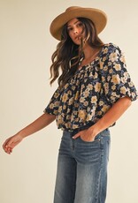 509 Broadway Flower Print Ballon Hem Square Neck Top