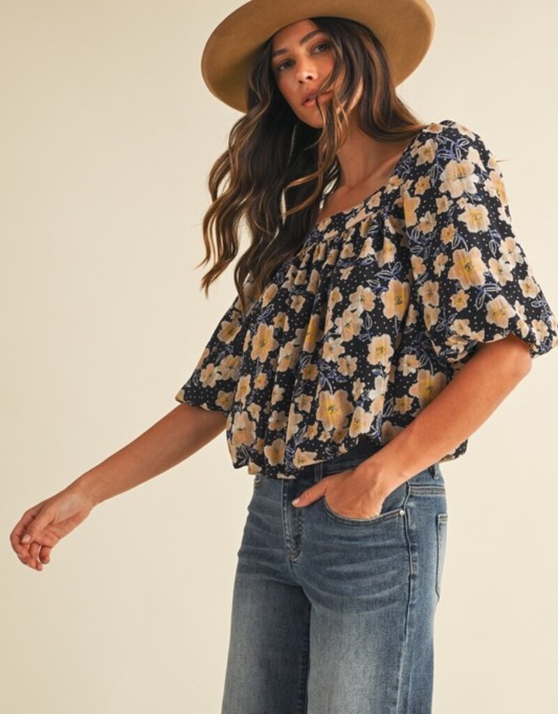 509 Broadway Flower Print Ballon Hem Square Neck Top