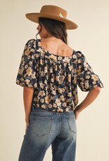 509 Broadway Flower Print Ballon Hem Square Neck Top