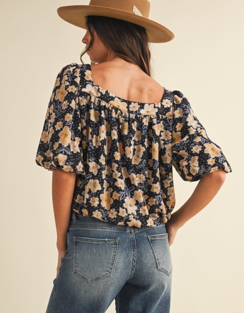 509 Broadway Flower Print Ballon Hem Square Neck Top