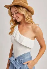 509 Broadway Ruffled One Shoulder Ribbed Top