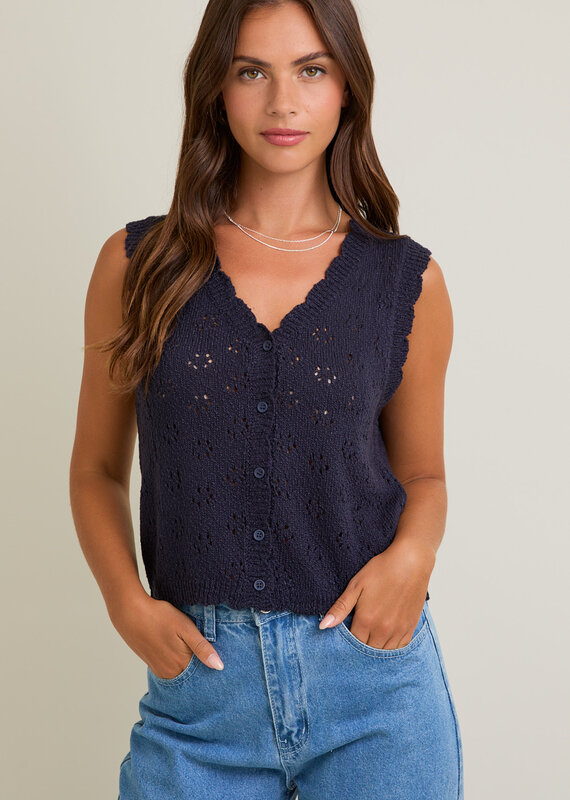 509 Broadway Scallop Edge Button Down Sweater