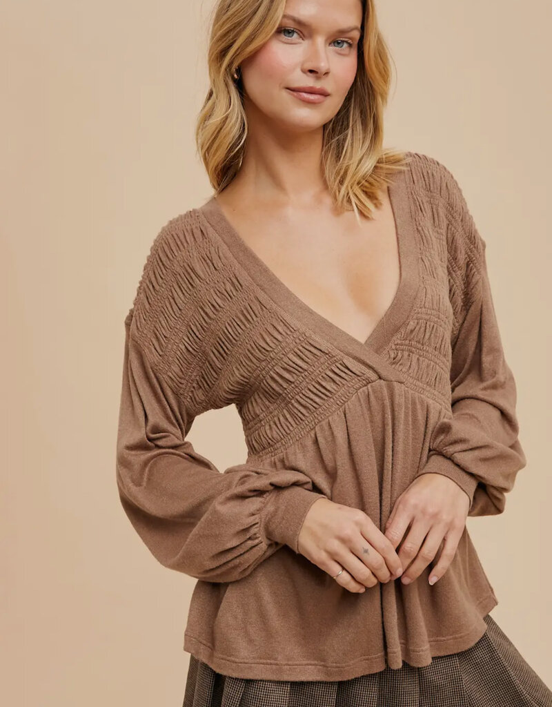 509 Broadway Long Sleeve V-Neck Babydoll Sweater