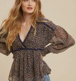 509 Broadway Lace Inset Floral Chiffon Blouse