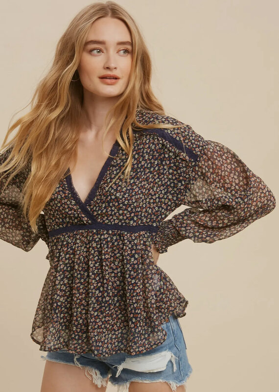509 Broadway Lace Inset Floral Chiffon Blouse