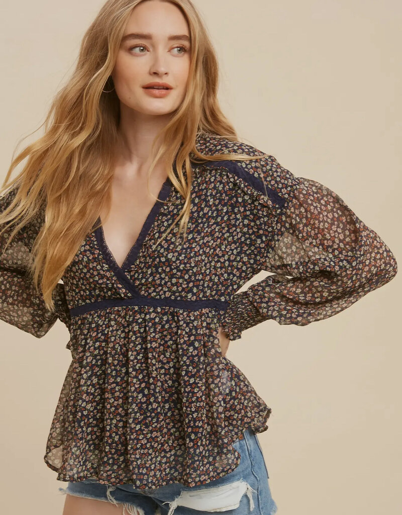 509 Broadway Lace Inset Floral Chiffon Blouse