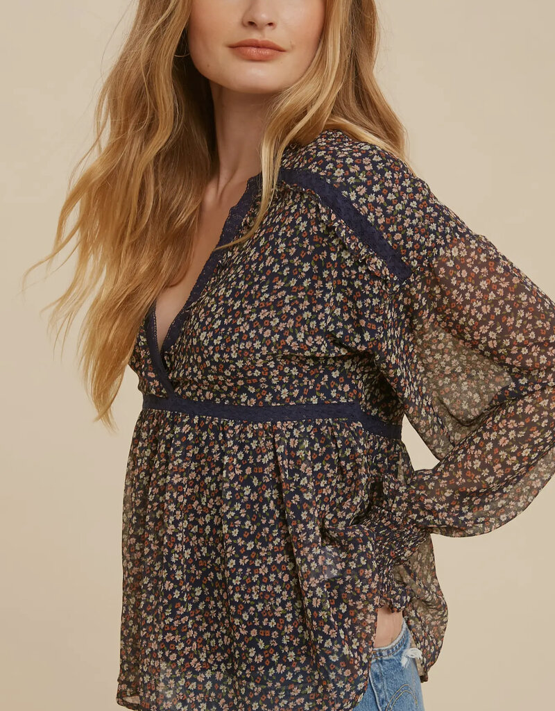 509 Broadway Lace Inset Floral Chiffon Blouse