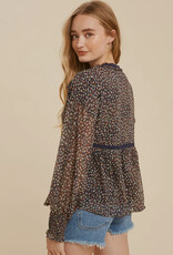 509 Broadway Lace Inset Floral Chiffon Blouse