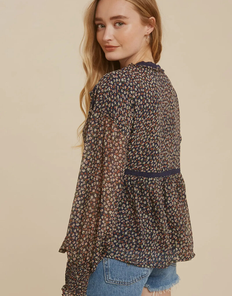 509 Broadway Lace Inset Floral Chiffon Blouse