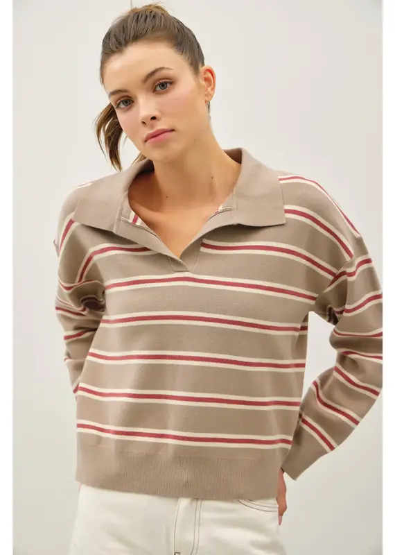 509 Broadway Striped Polo Collared Sweater