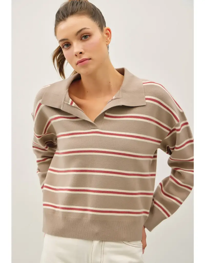 509 Broadway Striped Polo Collared Sweater