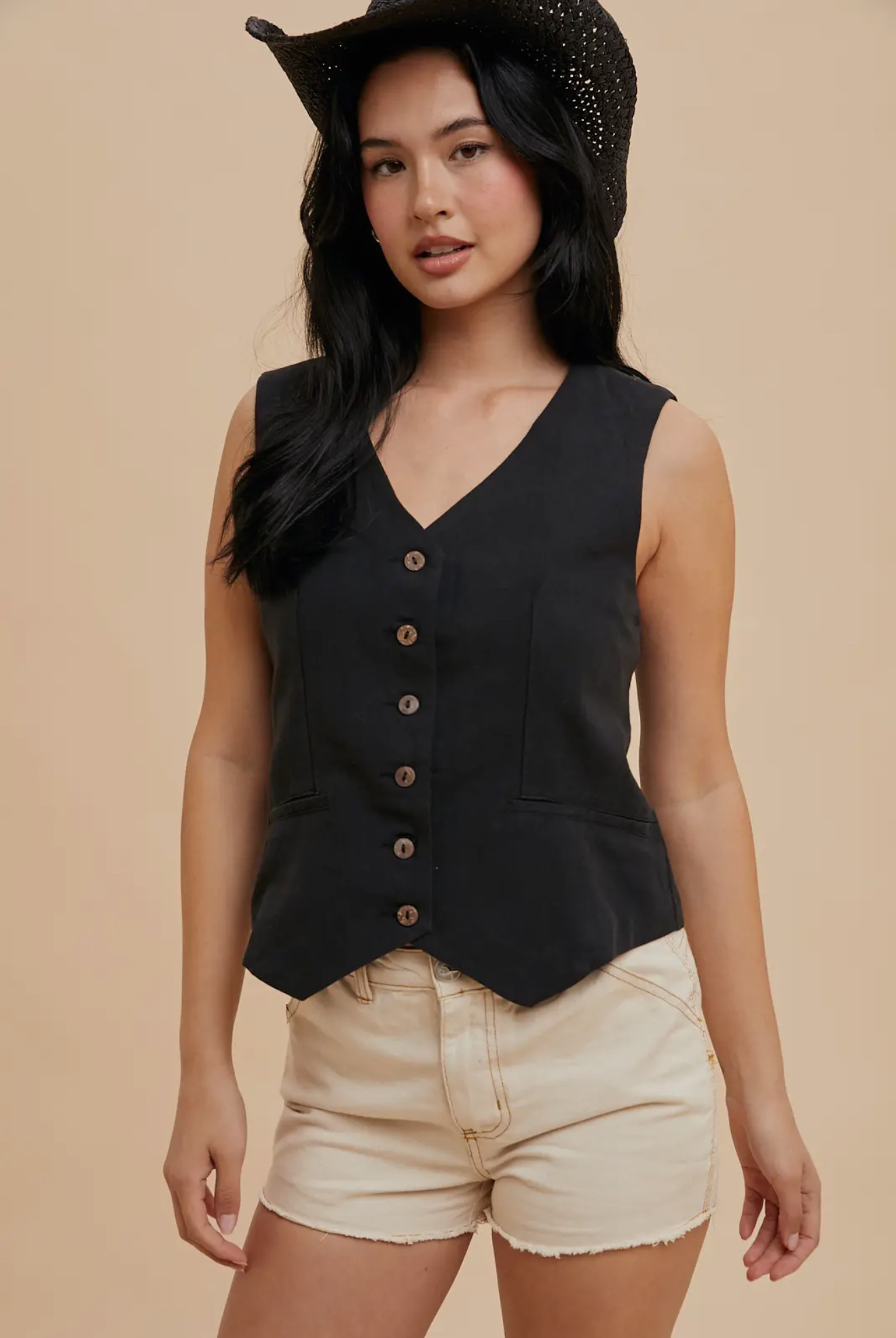 Stretch Linen Cinch Vest- Black Onyx