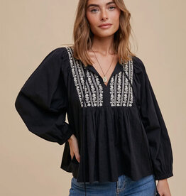 509 Broadway Cotton Self Tie V Neck Embroidered Blouse