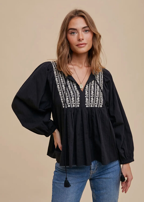 509 Broadway Cotton Self Tie V Neck Embroidered Blouse