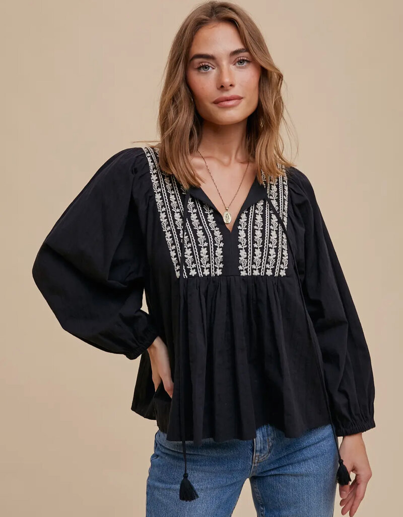 509 Broadway Cotton Self Tie V Neck Embroidered Blouse