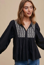 509 Broadway Cotton Self Tie V Neck Embroidered Blouse