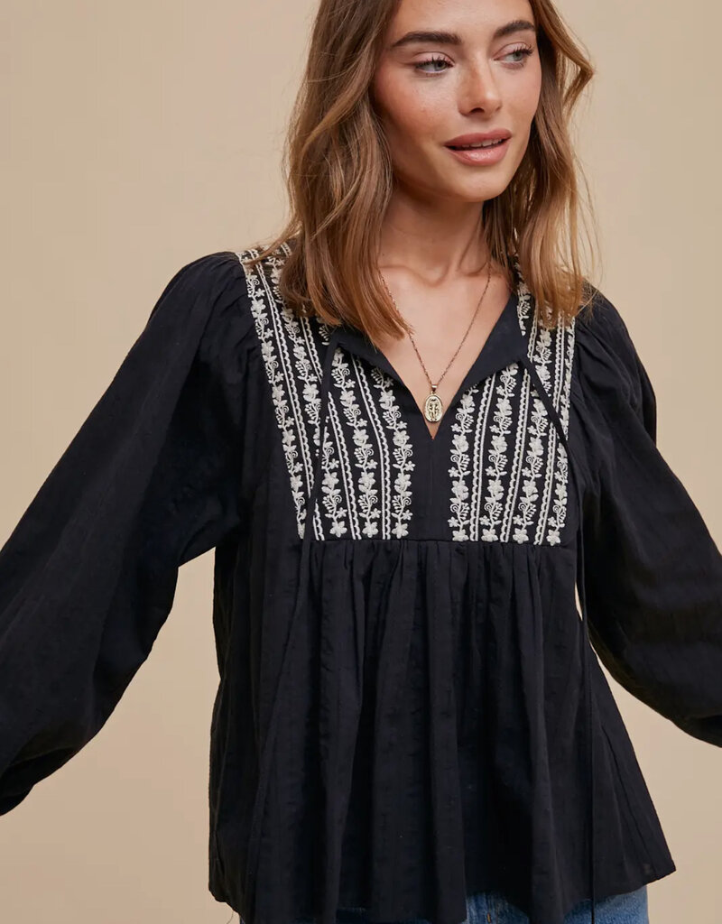 509 Broadway Cotton Self Tie V Neck Embroidered Blouse