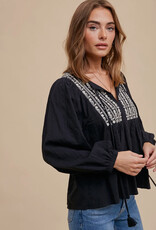 509 Broadway Cotton Self Tie V Neck Embroidered Blouse