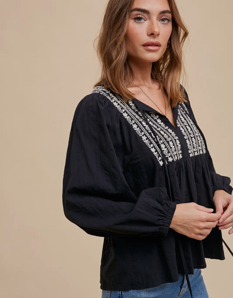 509 Broadway Cotton Self Tie V Neck Embroidered Blouse