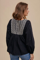 509 Broadway Cotton Self Tie V Neck Embroidered Blouse