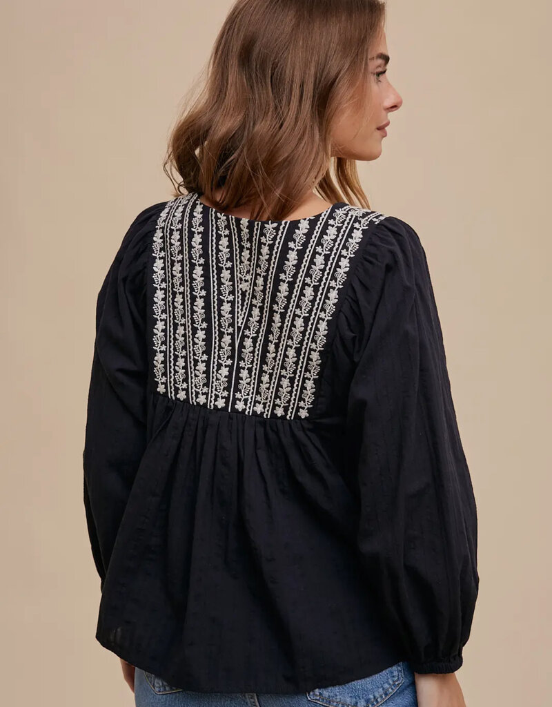 509 Broadway Cotton Self Tie V Neck Embroidered Blouse