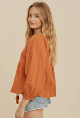 509 Broadway Cotton Self Tie V Neck Embroidered Blouse