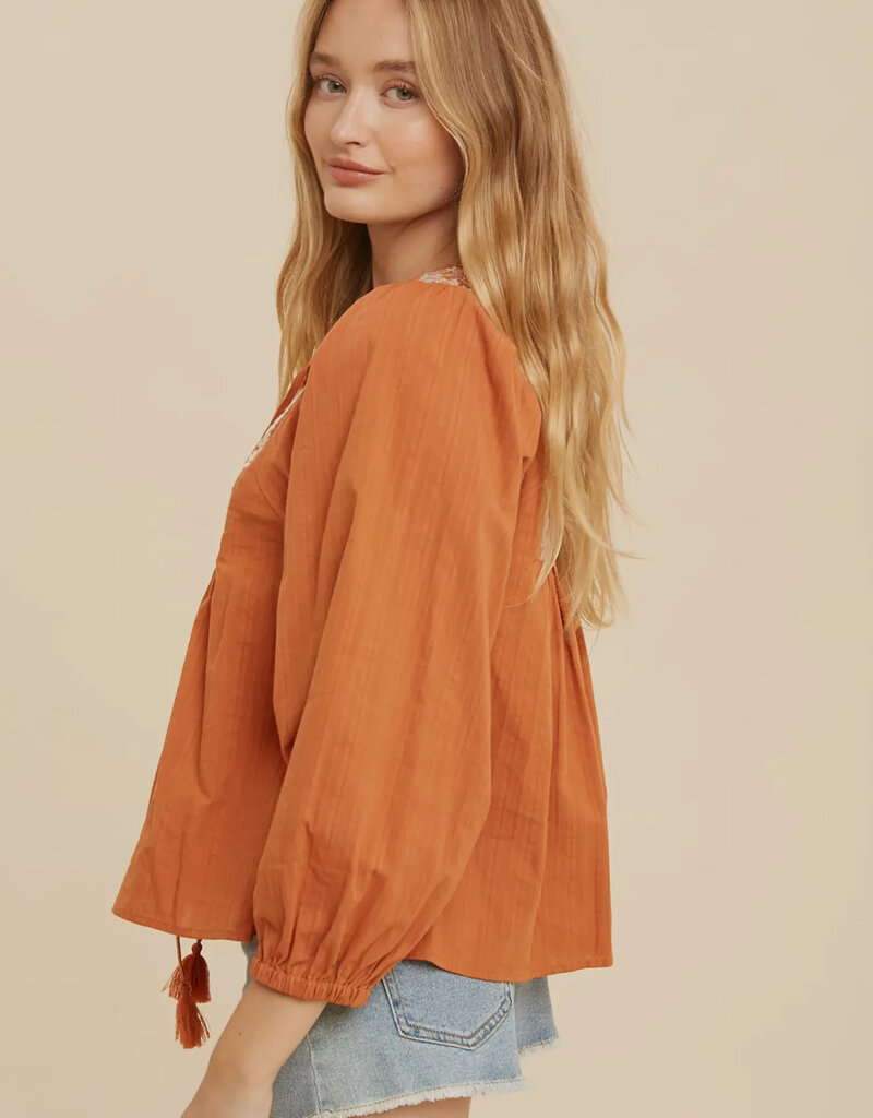 509 Broadway Cotton Self Tie V Neck Embroidered Blouse