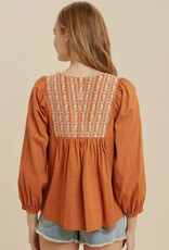 509 Broadway Cotton Self Tie V Neck Embroidered Blouse