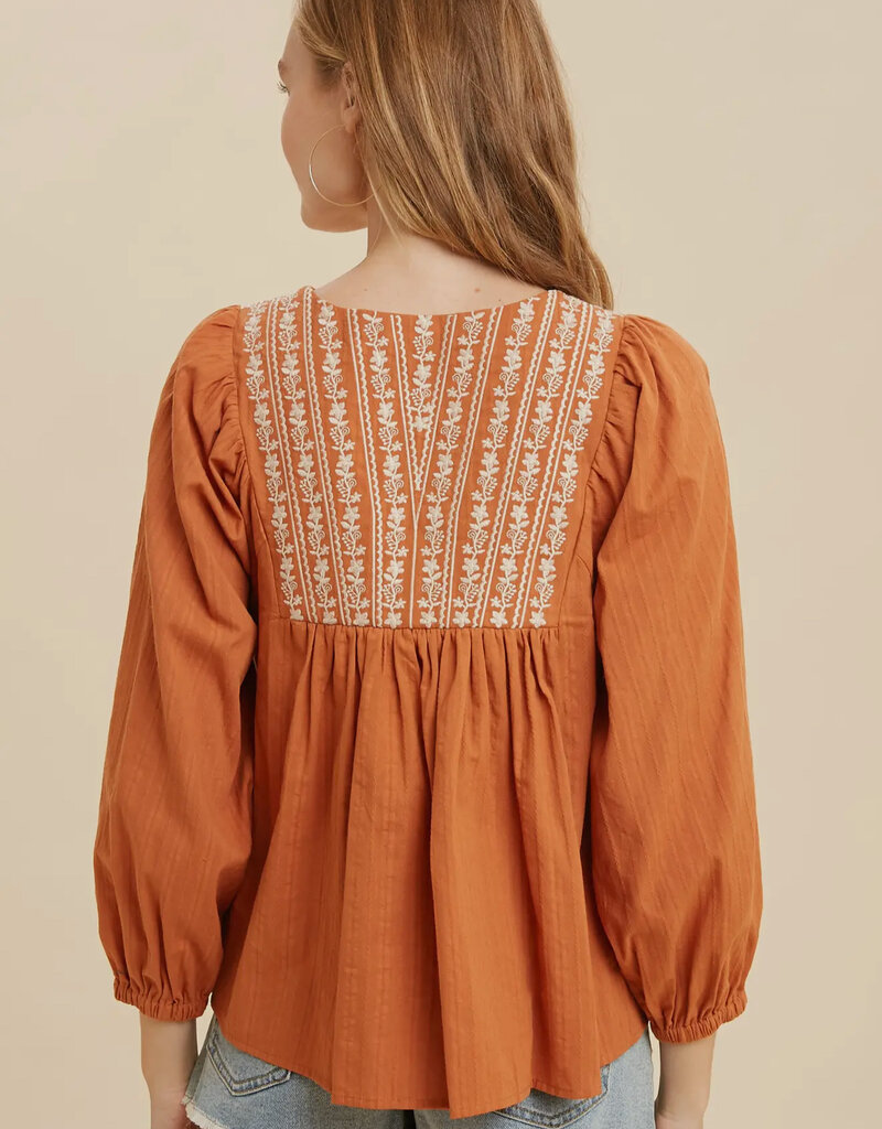 509 Broadway Cotton Self Tie V Neck Embroidered Blouse