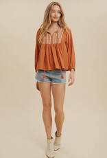 509 Broadway Cotton Self Tie V Neck Embroidered Blouse