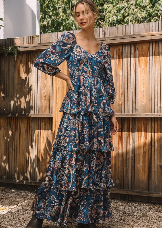 509 Broadway Printed Satin Tiered Maxi Dress