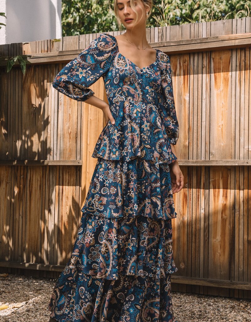 509 Broadway Printed Satin Tiered Maxi Dress